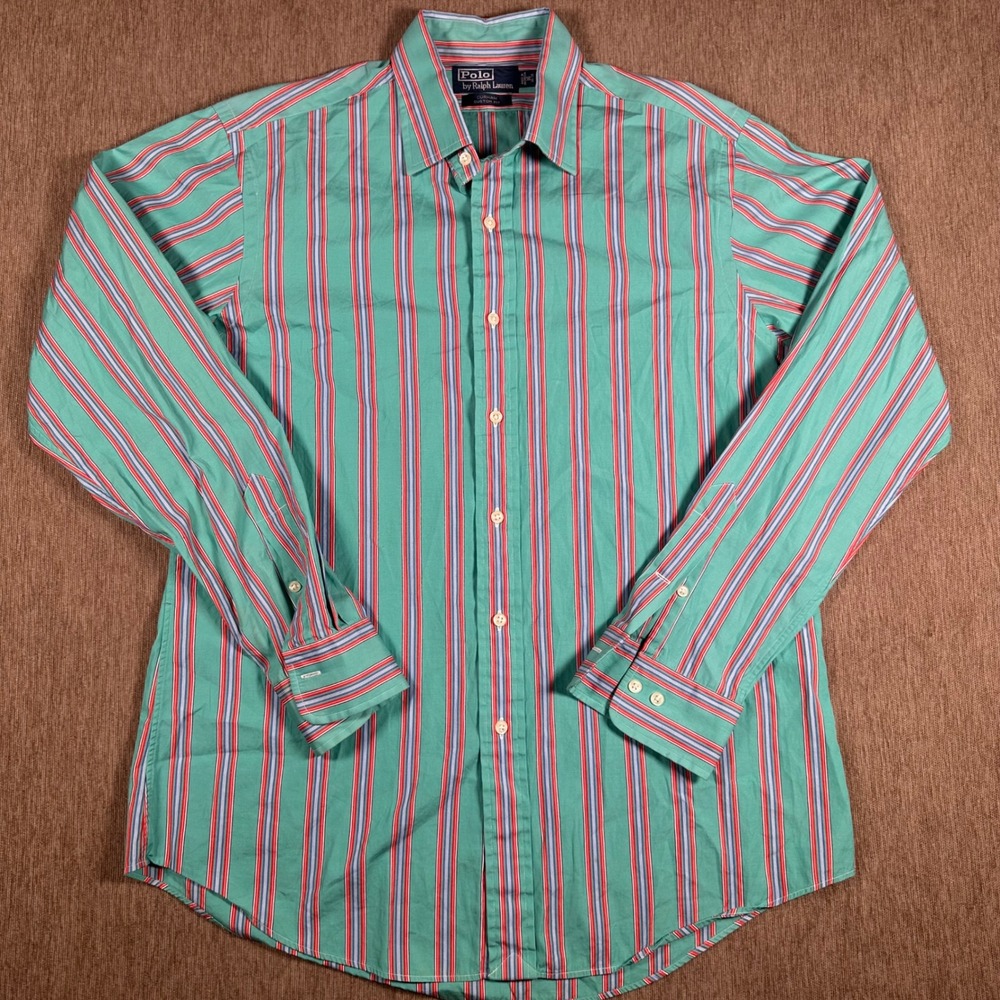 Polo Ralph Lauren Curham Custom Fit Striped Shirt Green Red Blue Mens 16 34/35